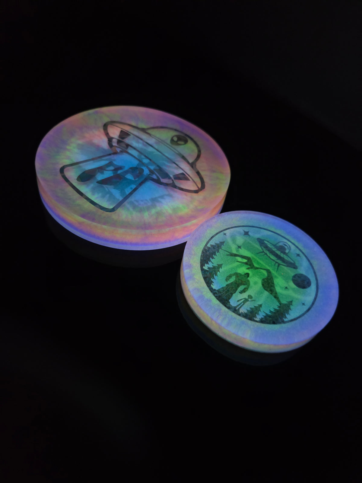 Poppycock UFO Weirder Thangz/Sasquatch Playing Disc Golf                              Poppycock UFO Strange Best Budz Double Sided Glow Mini Pack